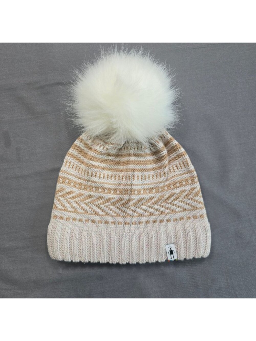 Smartwool Womens Beanie Hat Ivory Pom Knit Geometric Wool Blend